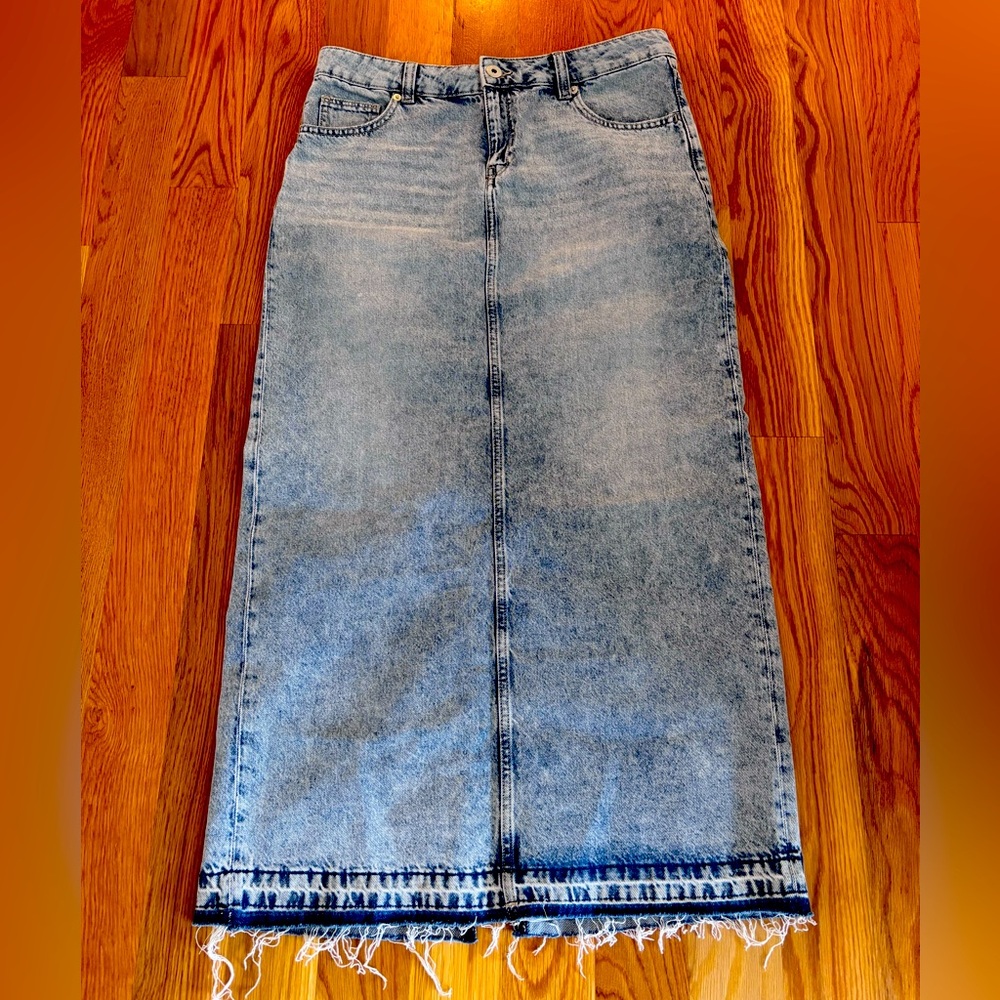 Denim Maxi Skirt with Frayed Hem and back slit